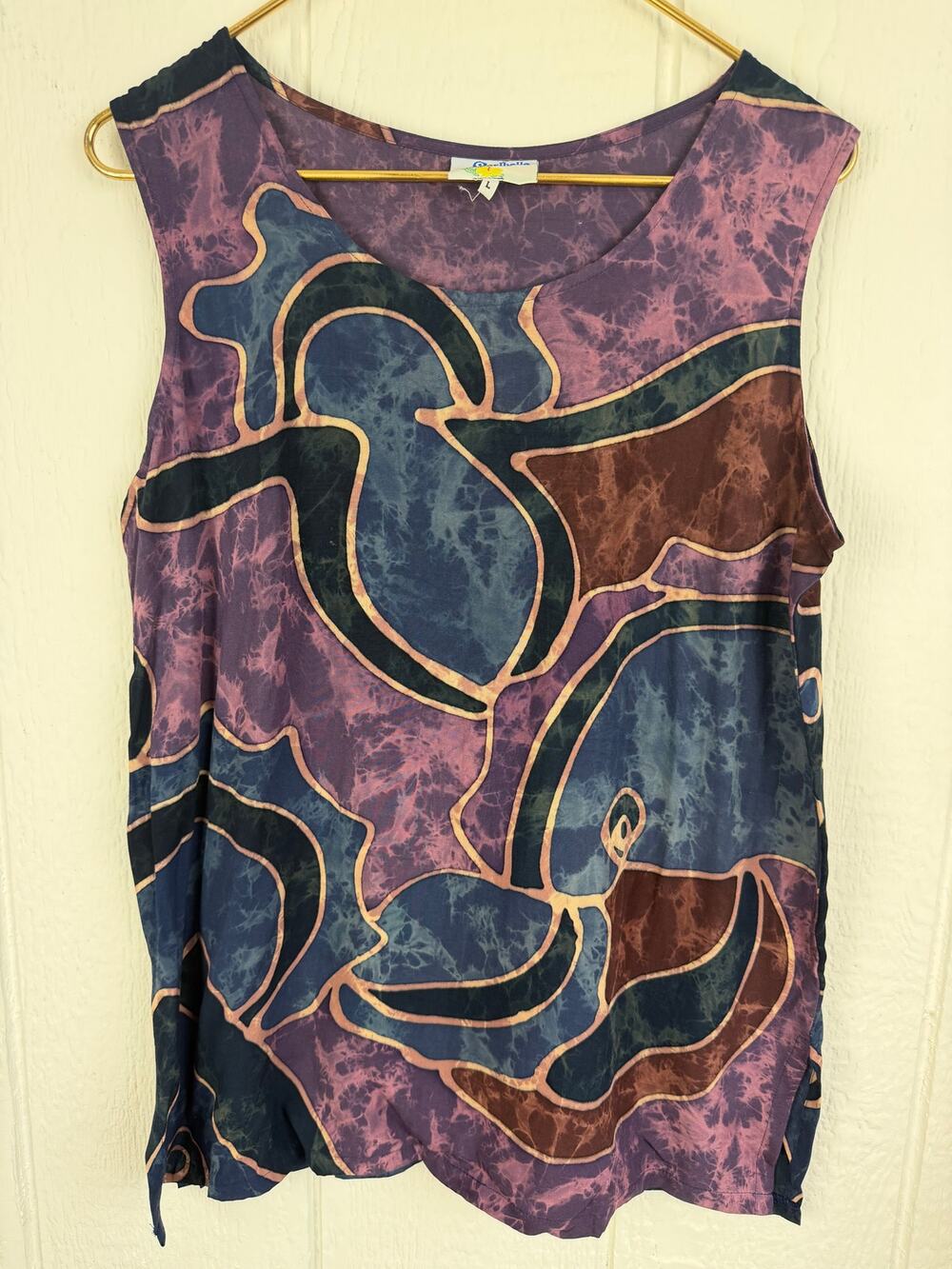 Vintage Caribelle Batik Tank Top L St Lucia 100% Rayon Abstract Artwear 90s